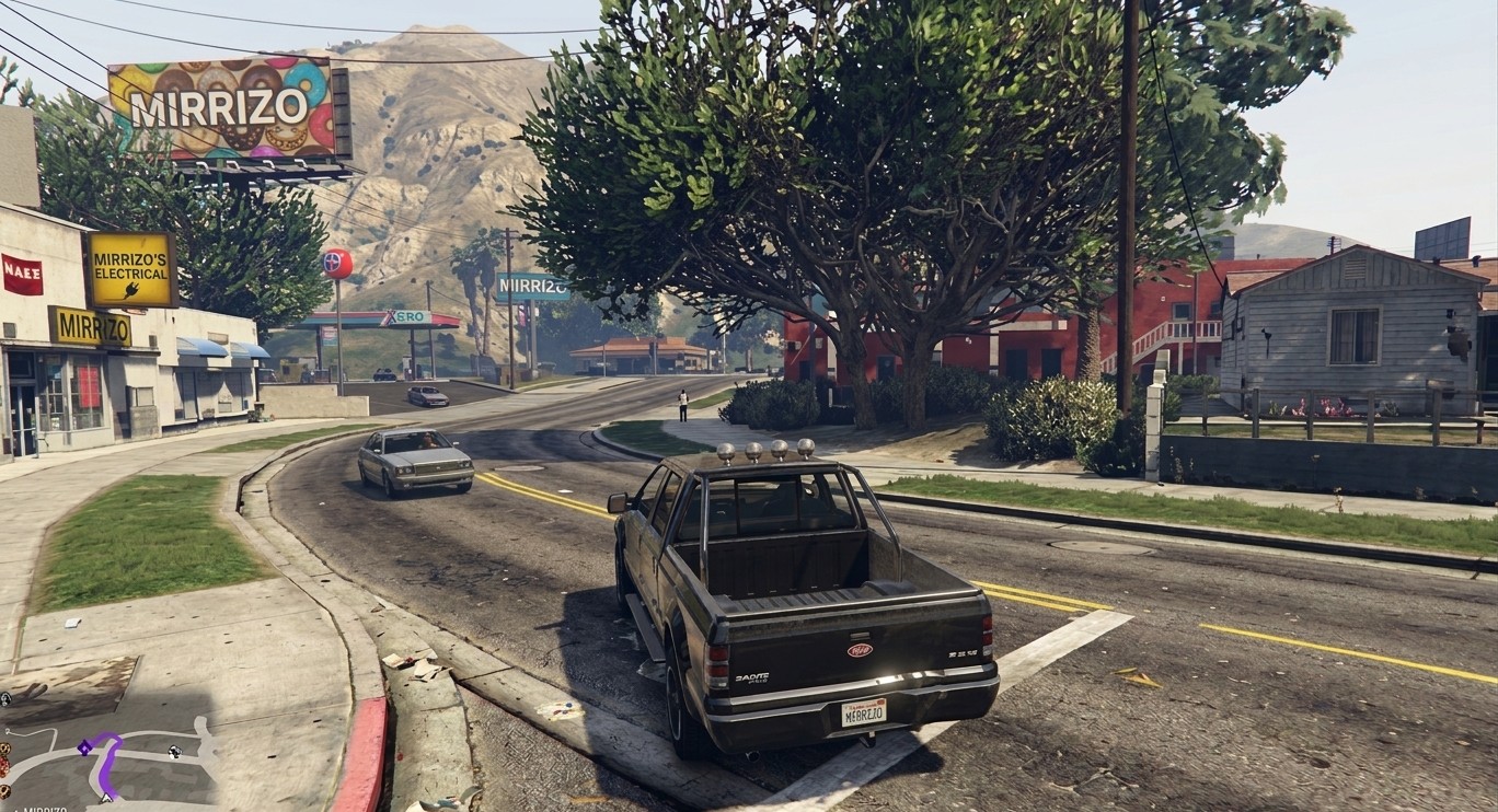 GTA-style street gameplay scene featuring a pickup truck and Mirrizo signage